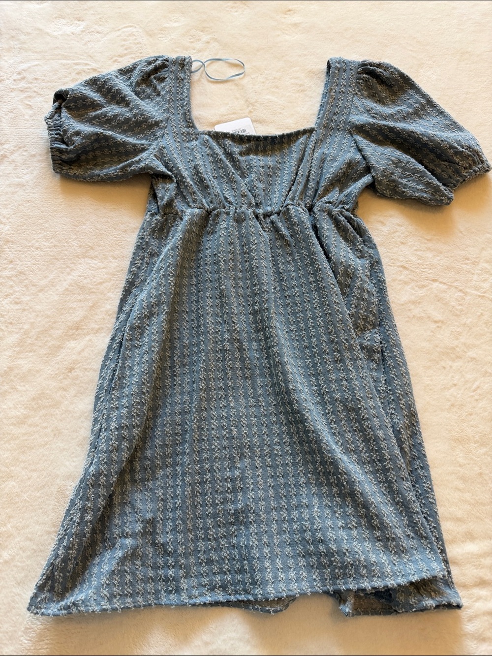 Blue Textured Puff-Sleeve Square-Neck Dress